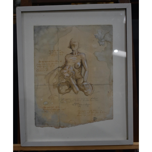 A Framed Watercolour And Pencil Picture Representing Two Naked Females