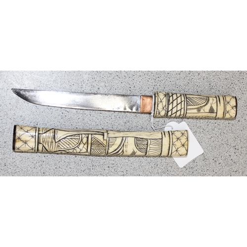 Japanese Tanto Knife With Carved Bone Handle And Sheath Approx 30cm