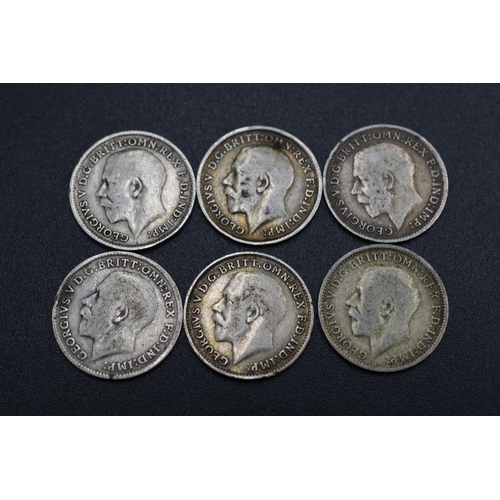 Six George V Silver Three Pence Coins