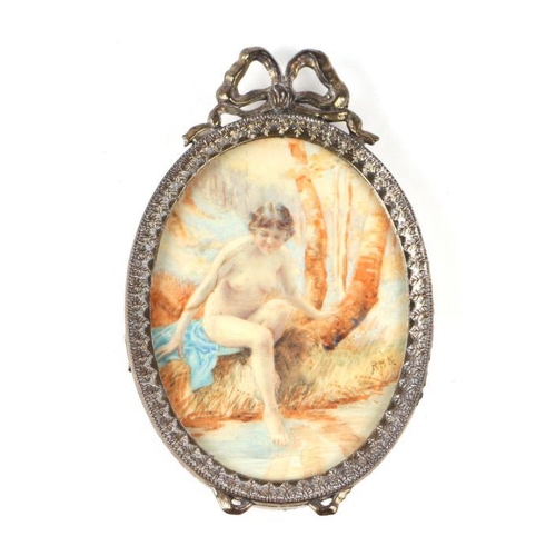 A Portrait Miniature On Celluloid In A Bow Top Frame Depicting A Naked