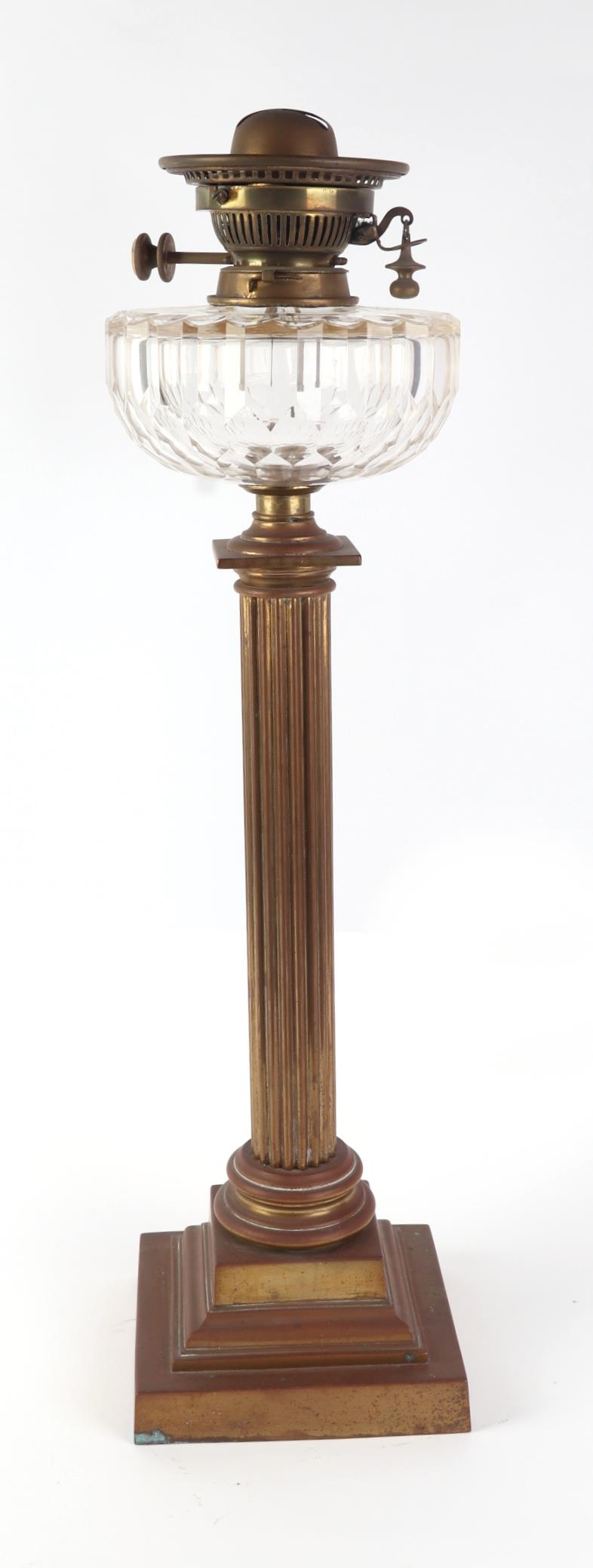 A Hinks No 2 Duplex Brass Corinthian Column Table Oil Lamp On A Square