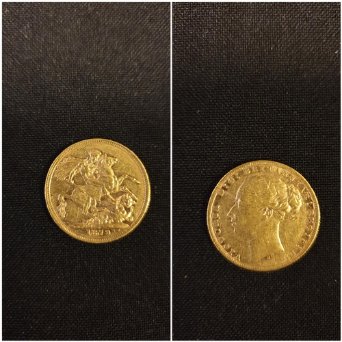 28 - Extremely rare 1879 Sydney mint gold sovereign, showing young Queen Victoria head and the reverse ha... 