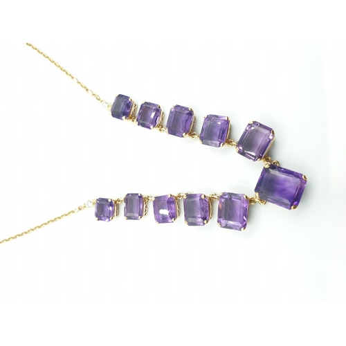 56 - 9CT YELLOW GOLD AMETHYST NECKLACE, Size of the biggest stone is 11 x 9ml .WEIGHT 15.8G AND 40CM LENG... 