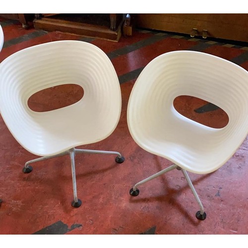 57 - White circular table plus 2 modern swing chairs, table is 100cm diameter and H74cm