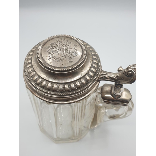 21 - Vintage glass tankard with 800 silver hinged lid in Bavarian style with ornate lid, Koch and Bergfel... 