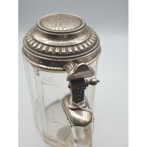 21 - Vintage glass tankard with 800 silver hinged lid in Bavarian style with ornate lid, Koch and Bergfel... 