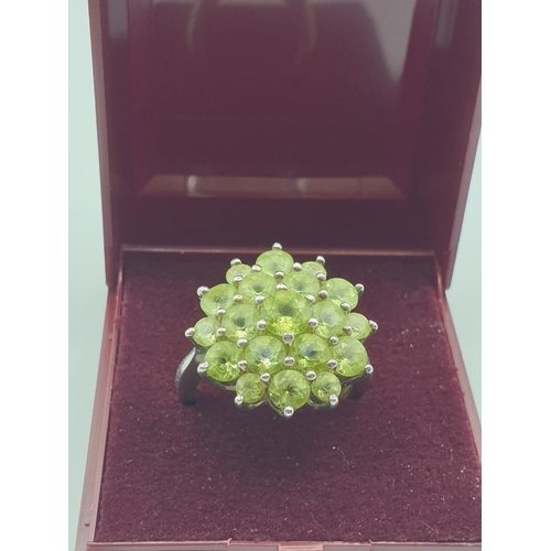 285 - Stone set silver and peridot ring. Mounted on a silver band and having 19 stones in a flower formati... 