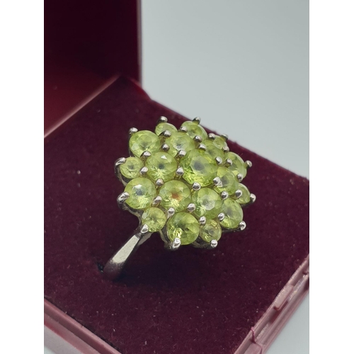 285 - Stone set silver and peridot ring. Mounted on a silver band and having 19 stones in a flower formati... 