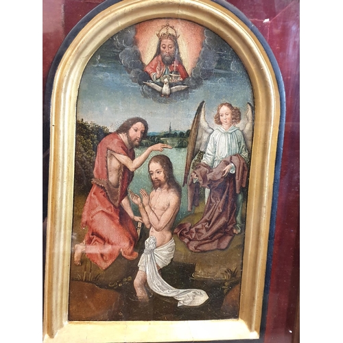 Hand painted framed late 16th century religious icon of Jesus being baptised in the river Jordan by unknown artist, 50 x 37cm (with case) and the actual painting is 26cm x 39cm