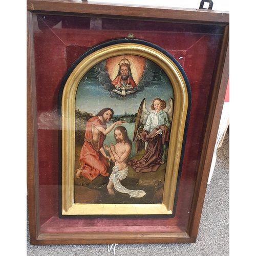 1 - Hand painted framed late 16th century religious icon of Jesus being baptised in the river Jordan by ... 