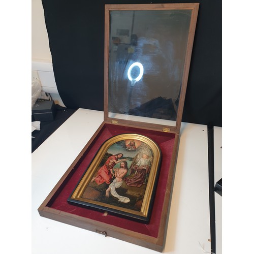 1 - Hand painted framed late 16th century religious icon of Jesus being baptised in the river Jordan by ... 