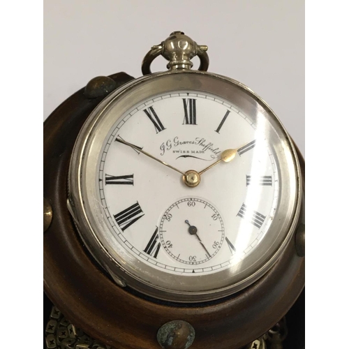 52 - Antique solid Silver Pocket Watch with Chain, keys and stand. Retailed by J G Graves of Sheffield. A... 