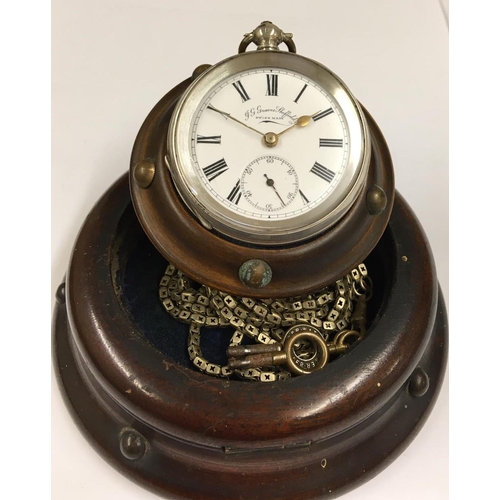 52 - Antique solid Silver Pocket Watch with Chain, keys and stand. Retailed by J G Graves of Sheffield. A... 