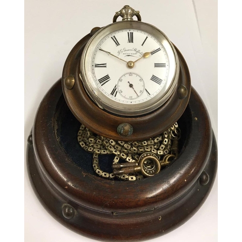 52 - Antique solid Silver Pocket Watch with Chain, keys and stand. Retailed by J G Graves of Sheffield. A... 