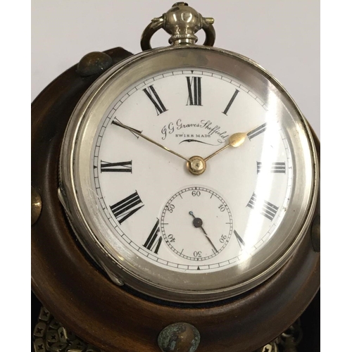 52 - Antique solid Silver Pocket Watch with Chain, keys and stand. Retailed by J G Graves of Sheffield. A... 