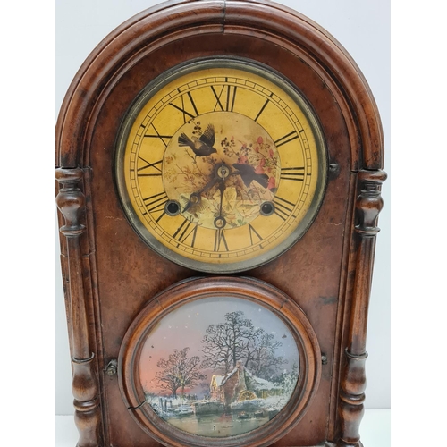 4 - Antique Beehive round arch Walnut cased Clock, with decorative face and watermill scene 28x43x13cm