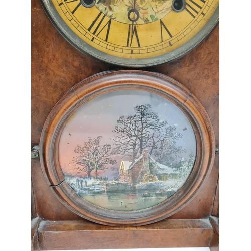 4 - Antique Beehive round arch Walnut cased Clock, with decorative face and watermill scene 28x43x13cm