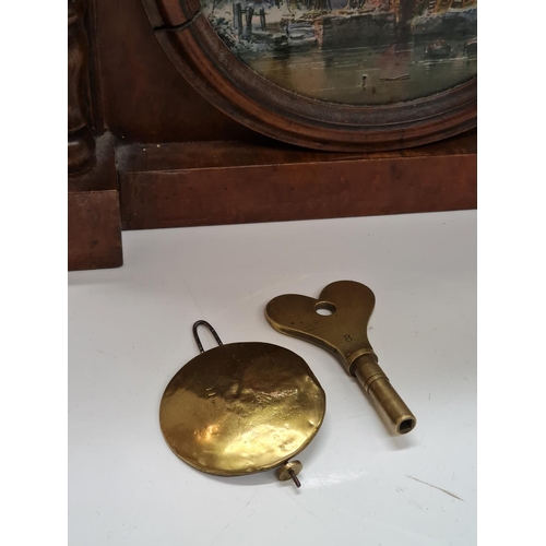 4 - Antique Beehive round arch Walnut cased Clock, with decorative face and watermill scene 28x43x13cm