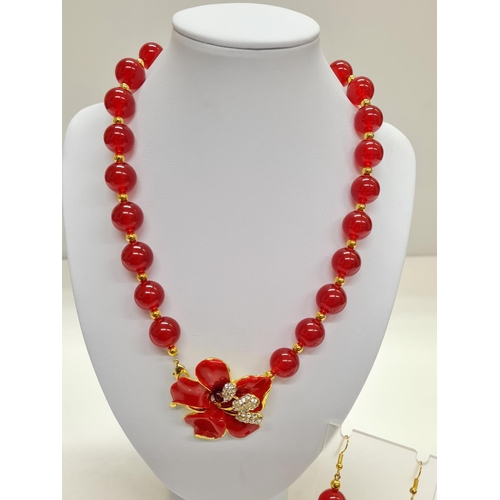 82 - Large Beaded Red Jade (colour enhanced) Necklace (48cm long) and Earrings set, weight 124g