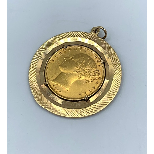 3 - 1877 Sovereign Coin  Pendant set in 9ct yellow Gold, weight 12.5g and 35mm diameter approx