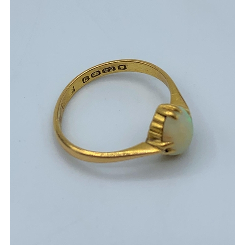 59 - Vintage 22CT Yellow Gold Opal Ring, size  I1/2 and weight 2.2g approx