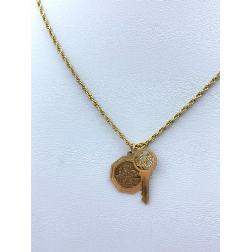 73 - 9CT Yellow gold St Christopher and '18 key' Pendants on 48cm long 9ct gold chain, weight 5.5g approx