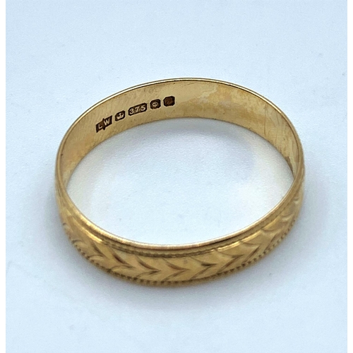 92 - 9CT Yellow Gold Ring Band, size K and weight 1.2g