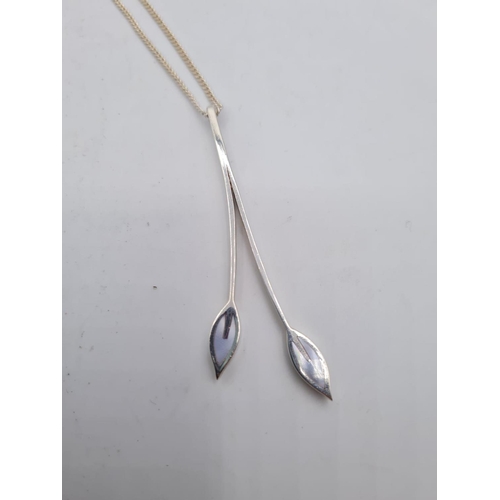 204 - Silver Flower Bud Pendant with mother of Pearl on 50cm long Silver Chain, weight 14g approx