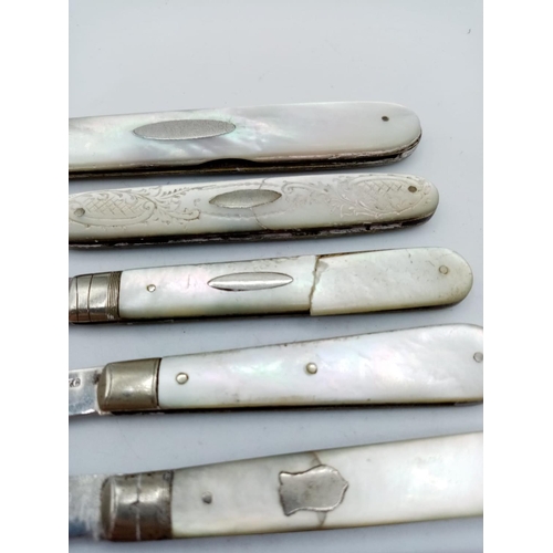 220 - 5 x Silver Penknives with Mother of Pearl Handles, full Hallmarks on blades  (5)