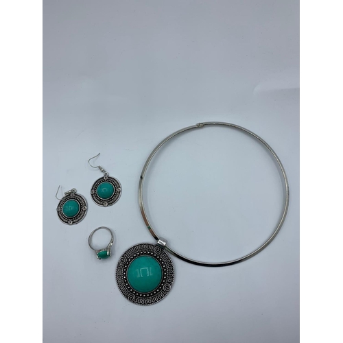 235 - Turquoise Necklace, Bracelet, Earrings and Ring set stamped 925 and another Turquoise necklace, earr... 