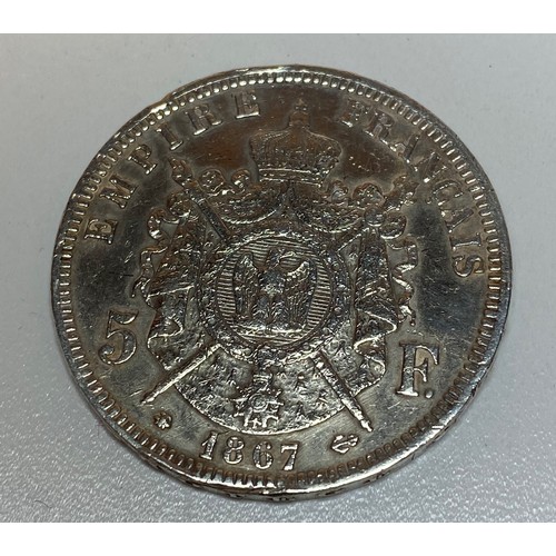 311 - Napoleon III Silver 5 Franc Coin 1867, Fine condition to both sides and clear words to milled rim, s... 