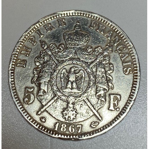 311 - Napoleon III Silver 5 Franc Coin 1867, Fine condition to both sides and clear words to milled rim, s... 