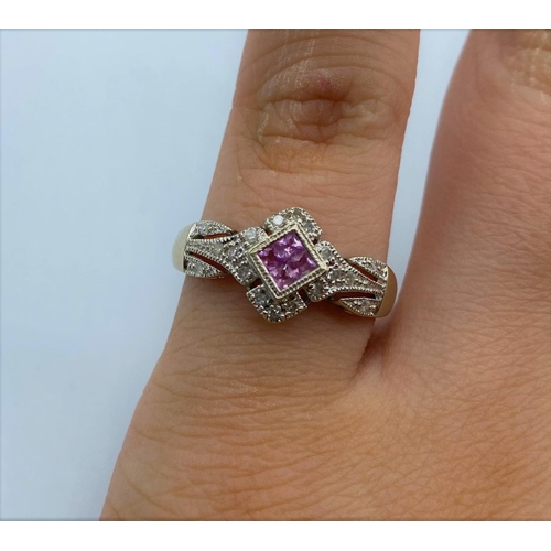 346 - 14CT White Gold Diamond & pink Sapphire Ring, Weight  2.5G size L