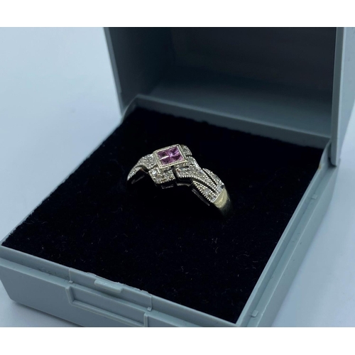 346 - 14CT White Gold Diamond & pink Sapphire Ring, Weight  2.5G size L