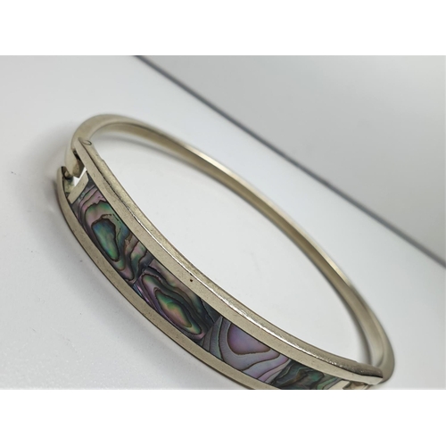 308 - Mexican Silver Bangle with Mother of Pearl facing, weight 12.9g