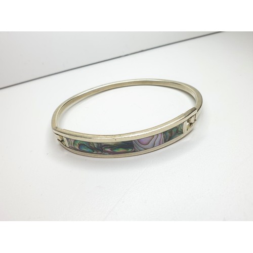 308 - Mexican Silver Bangle with Mother of Pearl facing, weight 12.9g