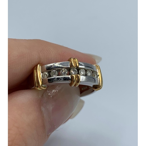 330 - 9ct White Gold Ring trimmed with yellow gold having 7 small Diamonds, weight 4.9g and size N/O