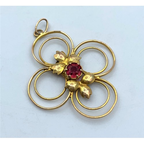 108 - 9CT Yellow Gold Vintage Pendant with red stone centre, 3cm long and weight 1.5g approx