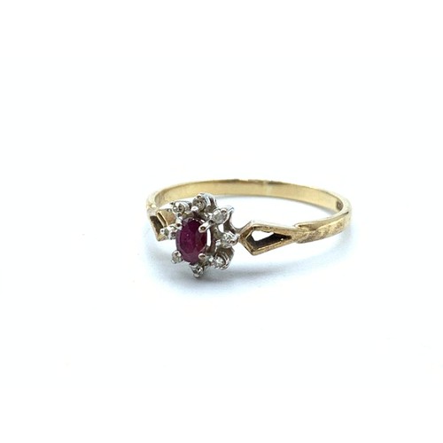 110 - Vintage 9CT Yellow Gold Ring, crown mount with red stone centre and encrusted Diamond surrounds, siz... 