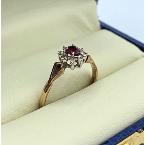 110 - Vintage 9CT Yellow Gold Ring, crown mount with red stone centre and encrusted Diamond surrounds, siz... 