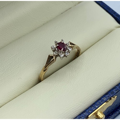 110 - Vintage 9CT Yellow Gold Ring, crown mount with red stone centre and encrusted Diamond surrounds, siz... 