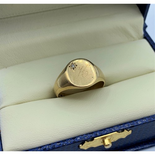 112 - 9CT Yellow Gold Signet Ring with Initial K and small Diamond at the corner, size P and weight 4.5g