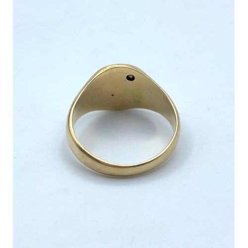 112 - 9CT Yellow Gold Signet Ring with Initial K and small Diamond at the corner, size P and weight 4.5g