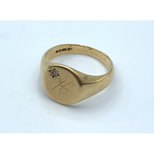 112 - 9CT Yellow Gold Signet Ring with Initial K and small Diamond at the corner, size P and weight 4.5g