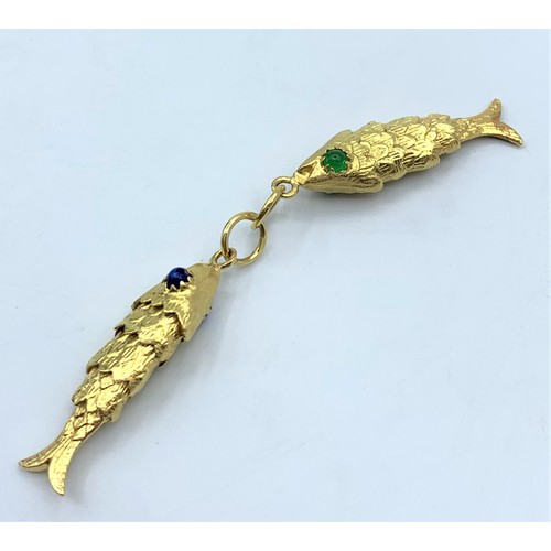 114 - 18K Yellow Gold double Fish Pendants, weight 14g and 4cm long approx