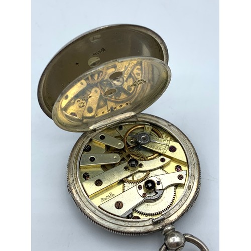 126 - Antique Baume Half Hunter Silver key wind Pocket Watch, gross weight 38.2g and 35mm diameter case