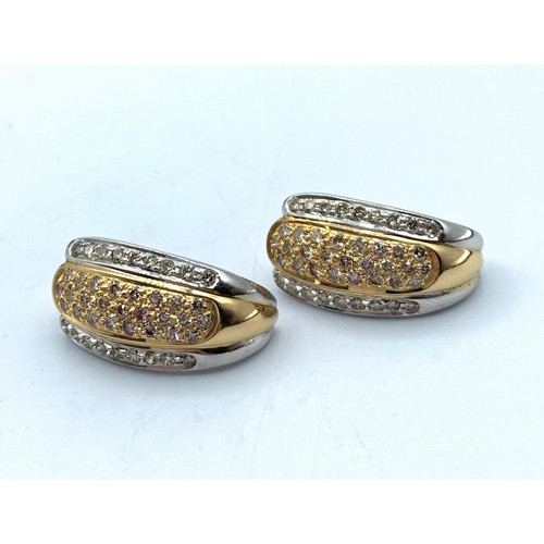 26 - Pair of 18K White and Yellow Gold Earrings Encrusted Diamonds, weight 6.4g approx