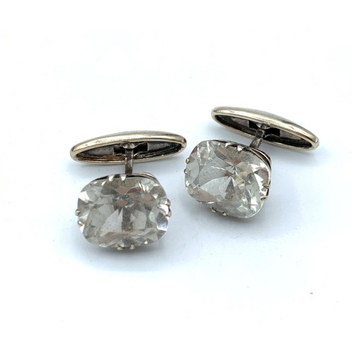 144 - Pair of Vintage 9K White Gold Cufflinks with big stones, weight 9g approx