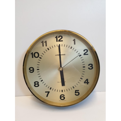 195 - Vintage 1984 brass cased Junghans Quartz Wall Clock model no. 367 6000 , W27cm