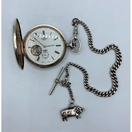 10 - Jaquet Girard Geneve Silver Hunter Pocket Watch with Chains, 17 Jewels Incabloc in working order. gr... 